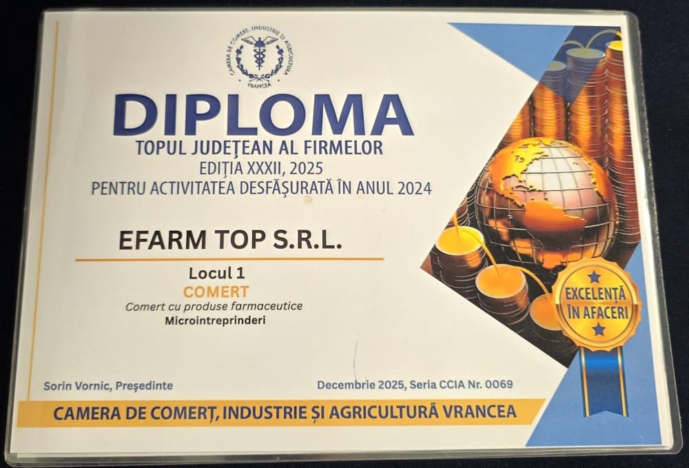 Diploma CCIA Vrancea, Topul Județean al Firmelor 2025, Locul 1, EFARM TOP